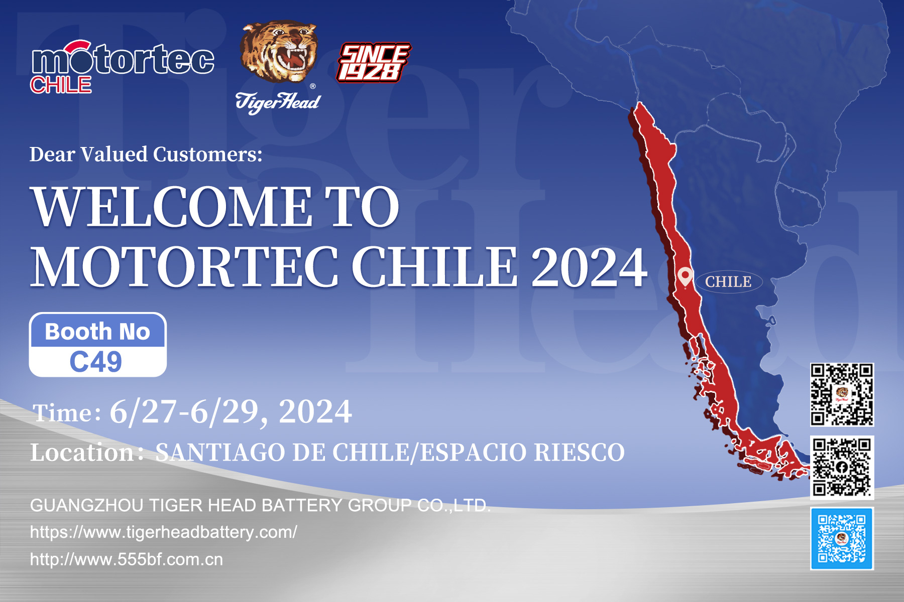 Invitation à l'exposition Tiger Head Battery à Motortec Chile 2024