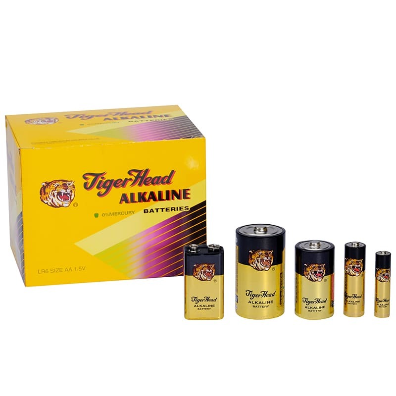 Diff&eacute;rents types de piles alcalines s&egrave;ches - T&ecirc;te de tigre